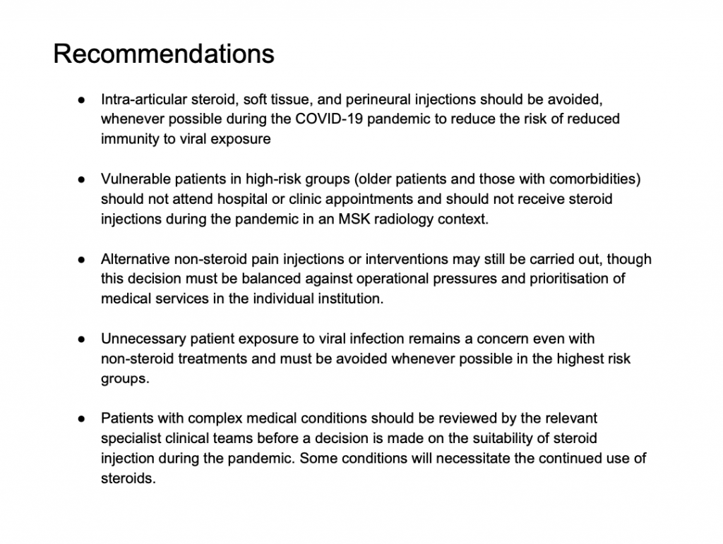 covid 19 steroid injection recommendations msk radiology